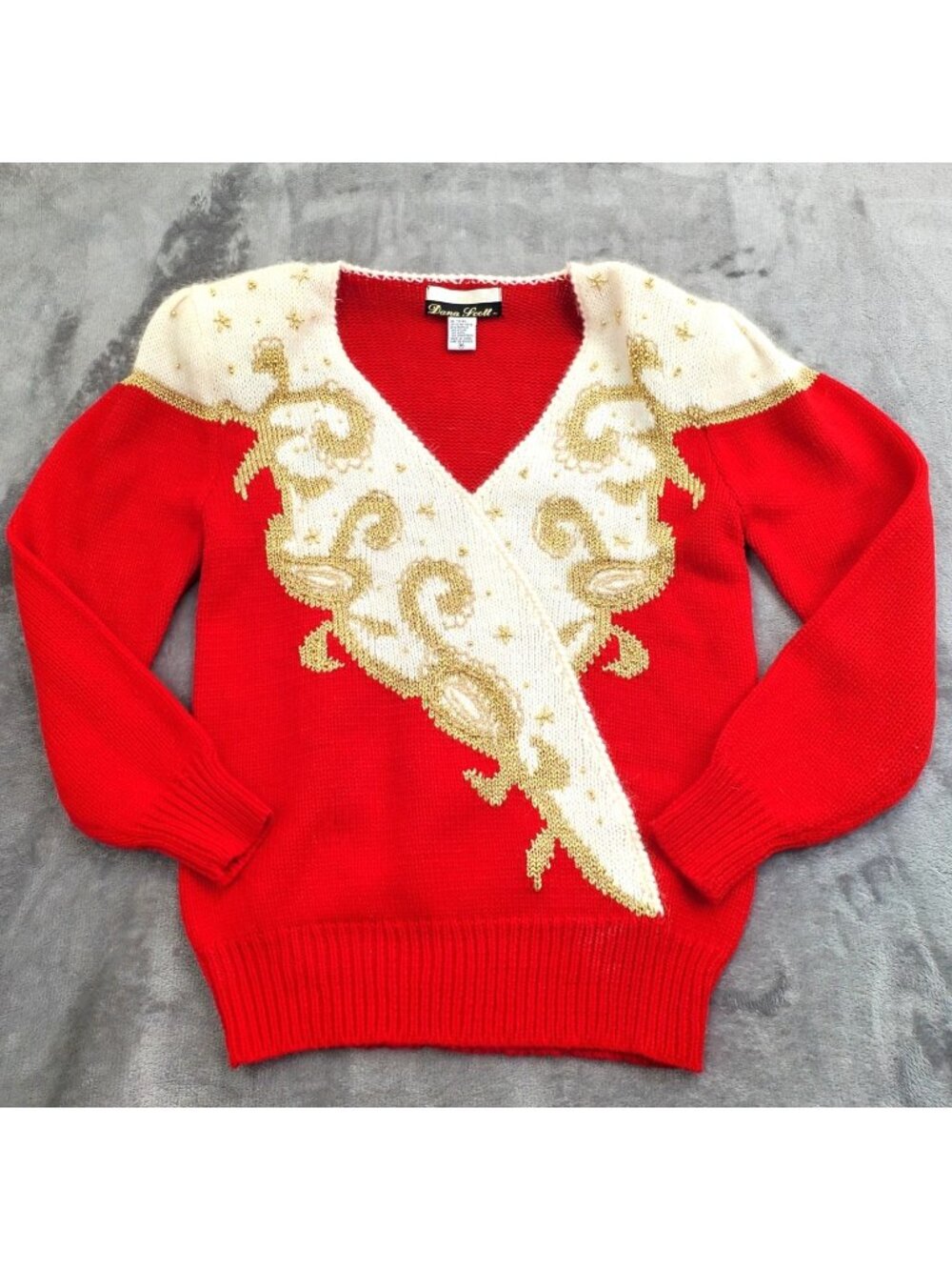 Vtg Sweater 80s Old Money Mob Wife Glamor Red Size M Wool Blend Holiday Festival